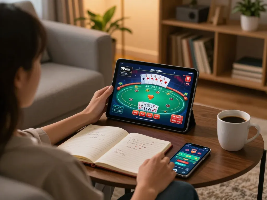 Engaging player using tablet for online gaming at nhà cái 98win in a cozy living room setting.