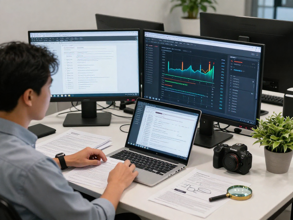 Compliance analyst conducting document fraud detection analysis with high-tech tools and multiple screens.