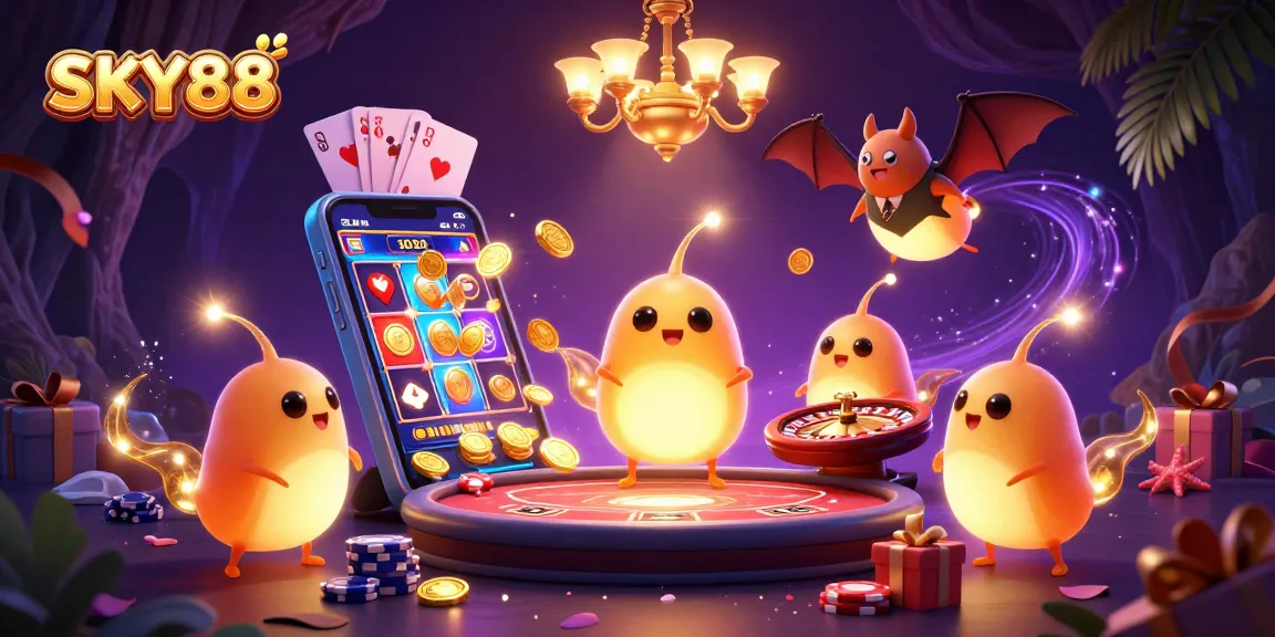 Engage in thrilling gameplay at SKY88 with glowing creatures lighting a vibrant casino scene.