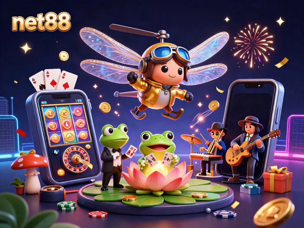 Experience exciting gaming at net88 with a vibrant 3D scene of a dragonfly pilot and frog croupier.