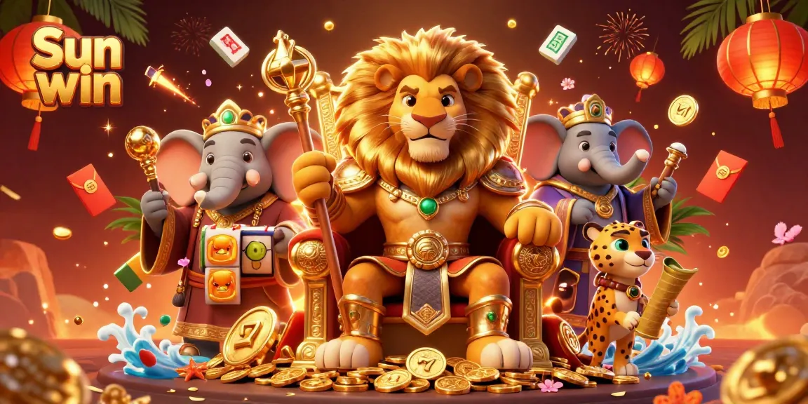 Experience the excitement of Sun win with a vibrant 3D scene showcasing a lion king and dynamic slot elements.