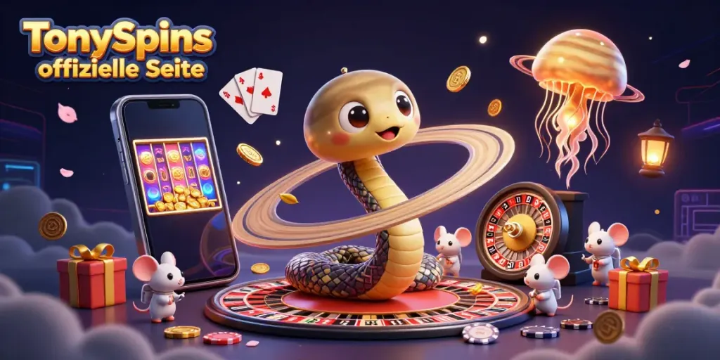 TonySpins offizielle Seite, spannende Spielerlebnisse an einem futuristischen Casino-Roulettetisch.