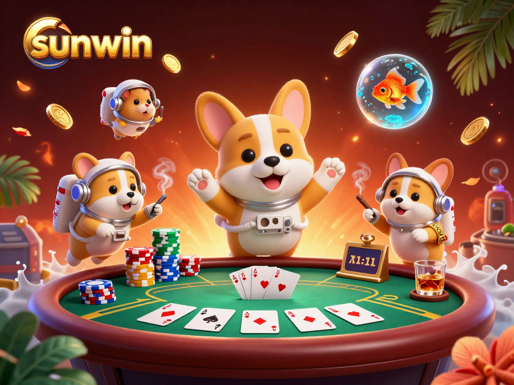 Experience sunwin's exciting gaming action with a vibrant space casino scene showcasing characters and poker elements.