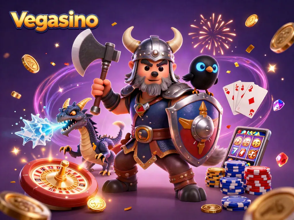 Engage in the exciting world of vegasino with a dynamic scene featuring a Viking wolf warrior, dragon, and casino elements.