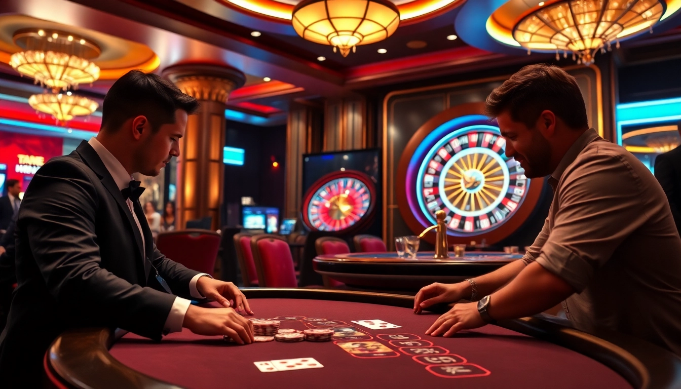 Spannende Casinospielen-Szene mit Spielern am Pokertisch und einem Dealer in einem eleganten Kasino.