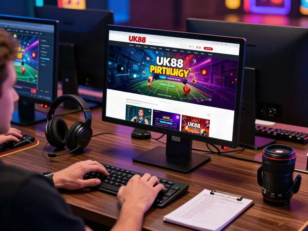 Players enjoying games at UK88 online casino showcased on vibrant desktop setup, highlighting excitement and engagement.