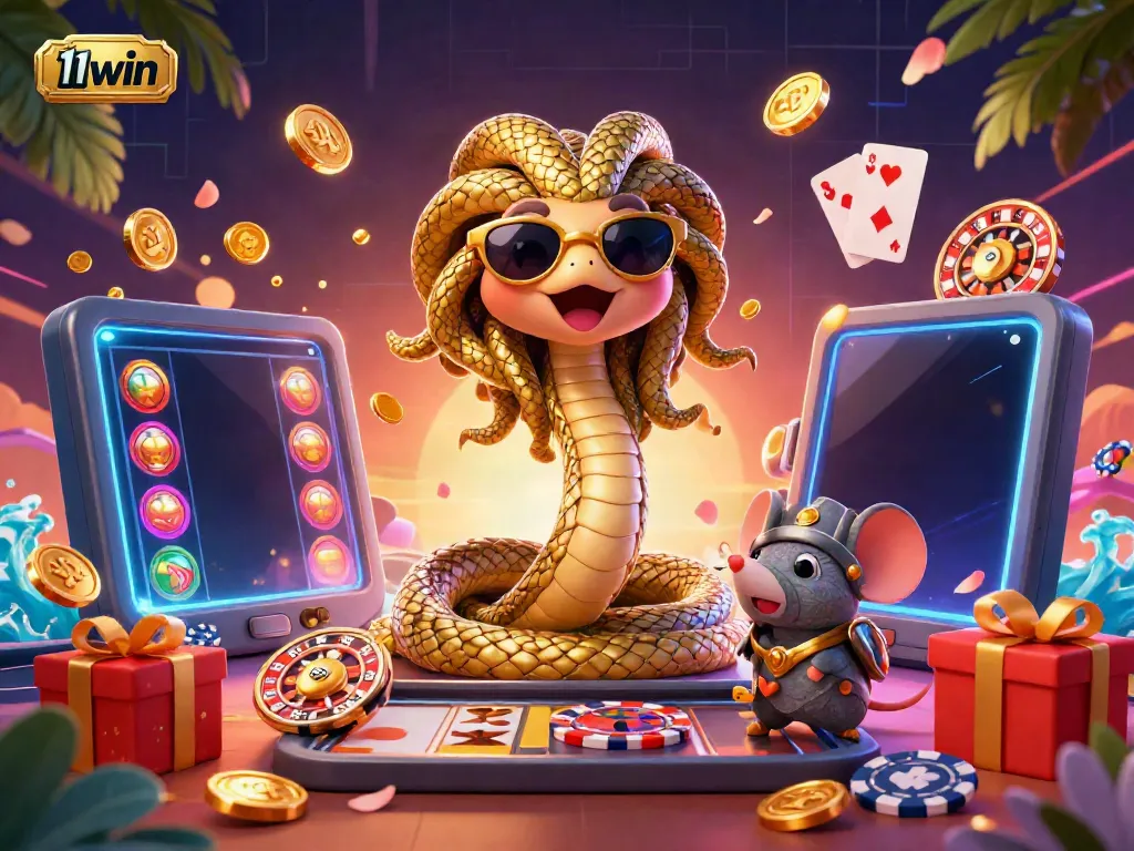 Play exciting casino games at 11win with golden coins and lively characters in a vibrant scene.