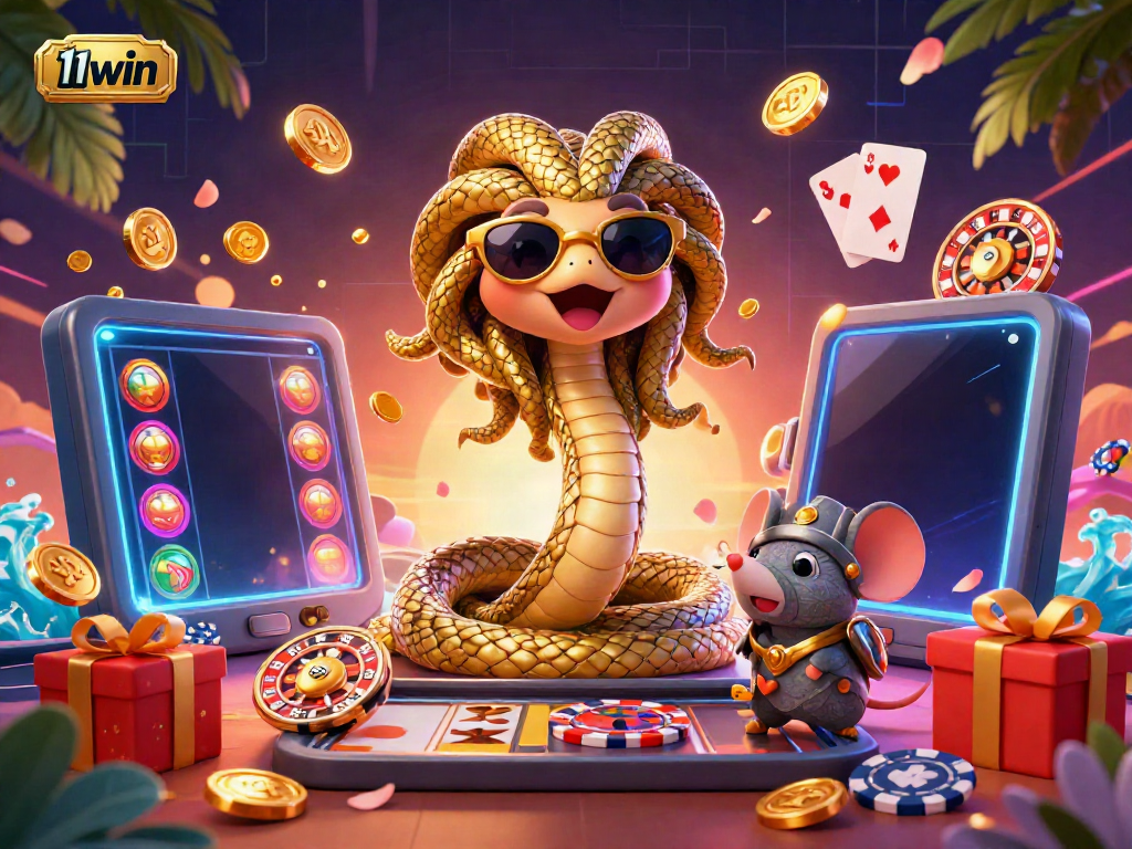 Play exciting casino games at 11win with golden coins and lively characters in a vibrant scene.