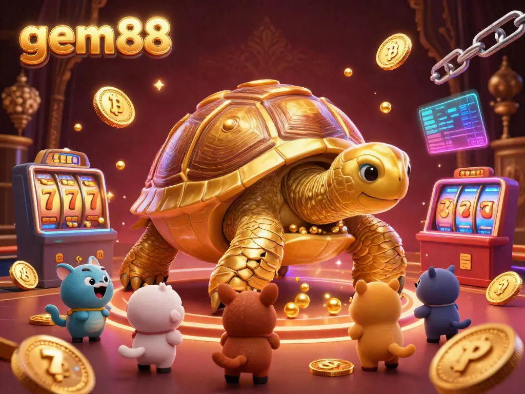 Engage in thrilling slot games at gem88, featuring golden tortoise and vibrant casino elements.
