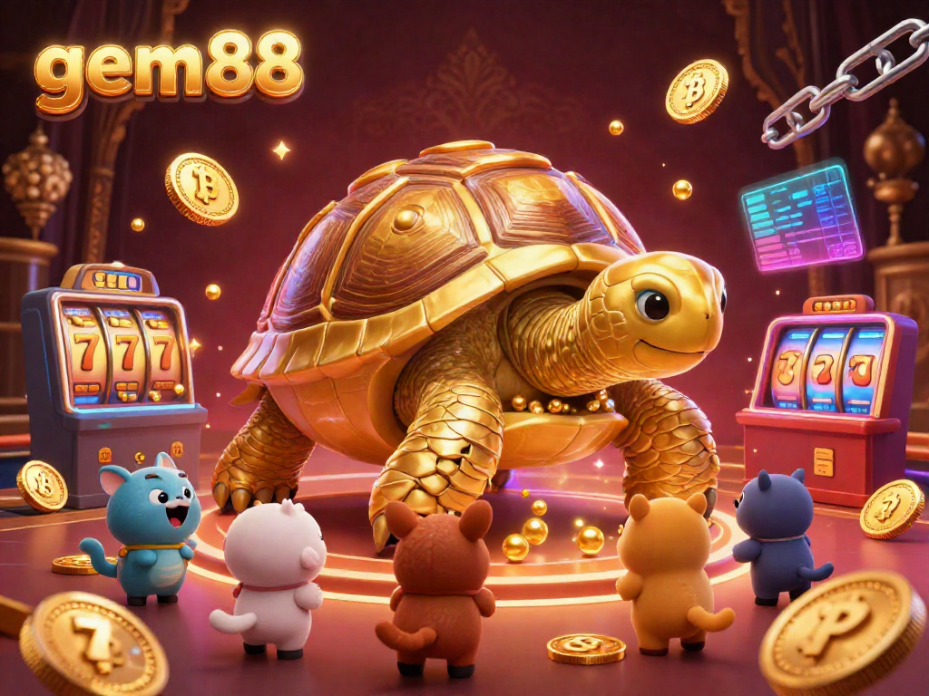 Engage in thrilling slot games at gem88, featuring golden tortoise and vibrant casino elements.