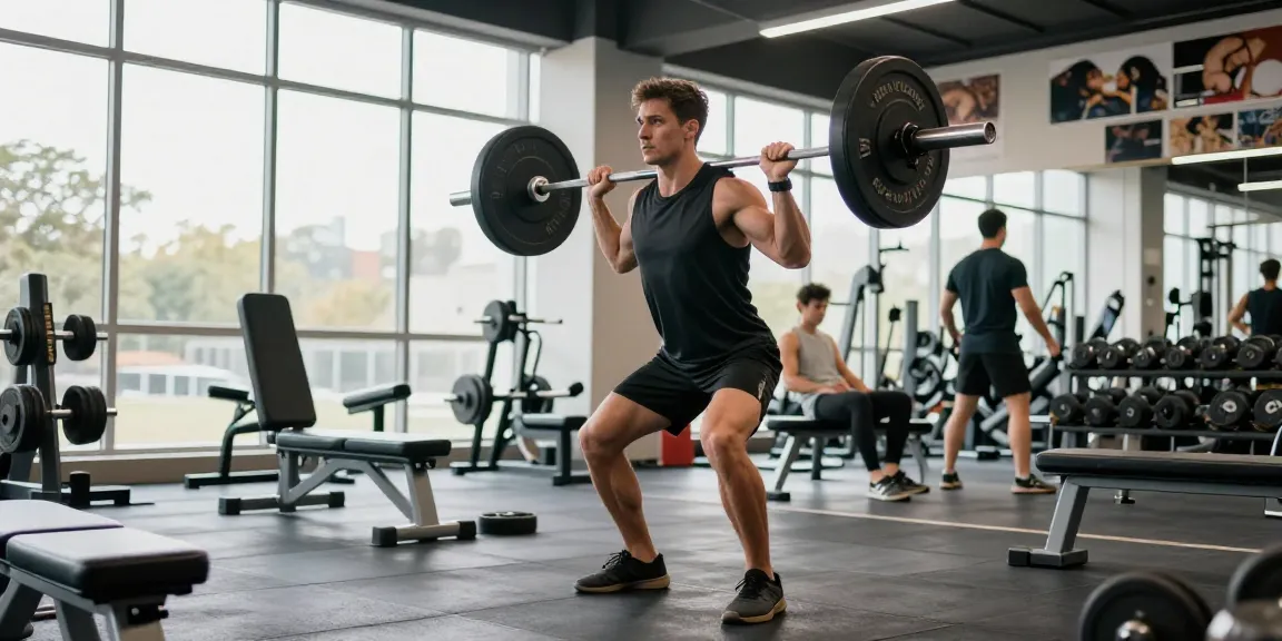 Anabolika Shop: Athlet trainiert im modernen Fitnessstudio mit Hanteln und motivierender Atmosphäre.
