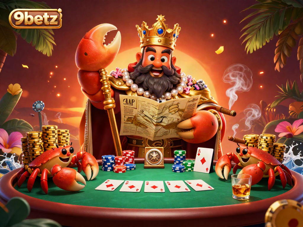 Engage with the thrilling world of 9betz as a golden crab emperor presides over a vibrant poker scene, showcasing excitement and opportunity.