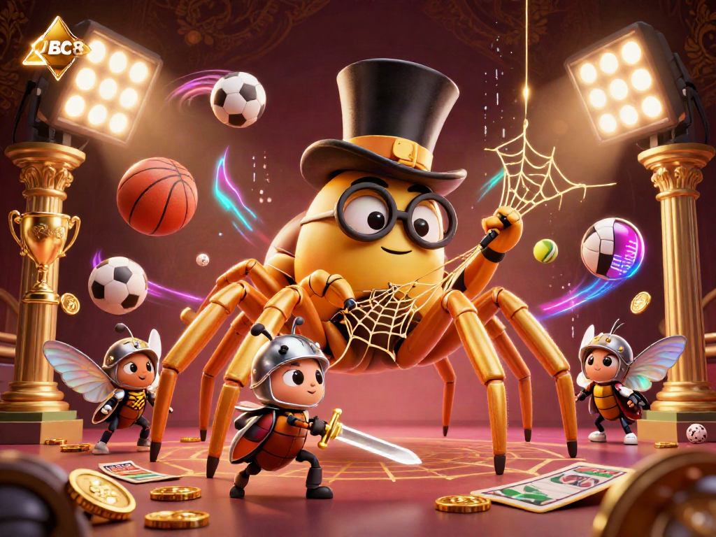 Experience ABC8's thrilling casino adventure with a golden tarantula and beetle knight in a dynamic gaming scene filled with sports elements.