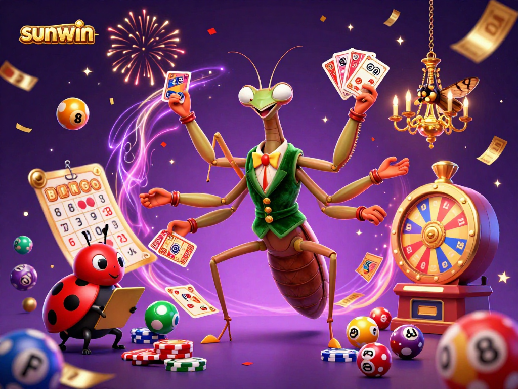 Experience excitement with sunwin's vibrant casino scene featuring a giant mantis card sharp, games, and magic.