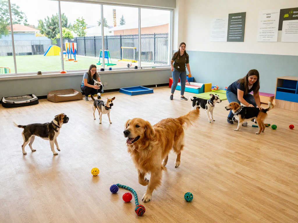 Happy dogs playing in a vibrant dog daycare center showcasing slot 10k pet care services