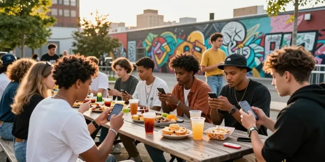 Gathering at a vibrant urban picnic featuring rokok88 streetwear and snacks.