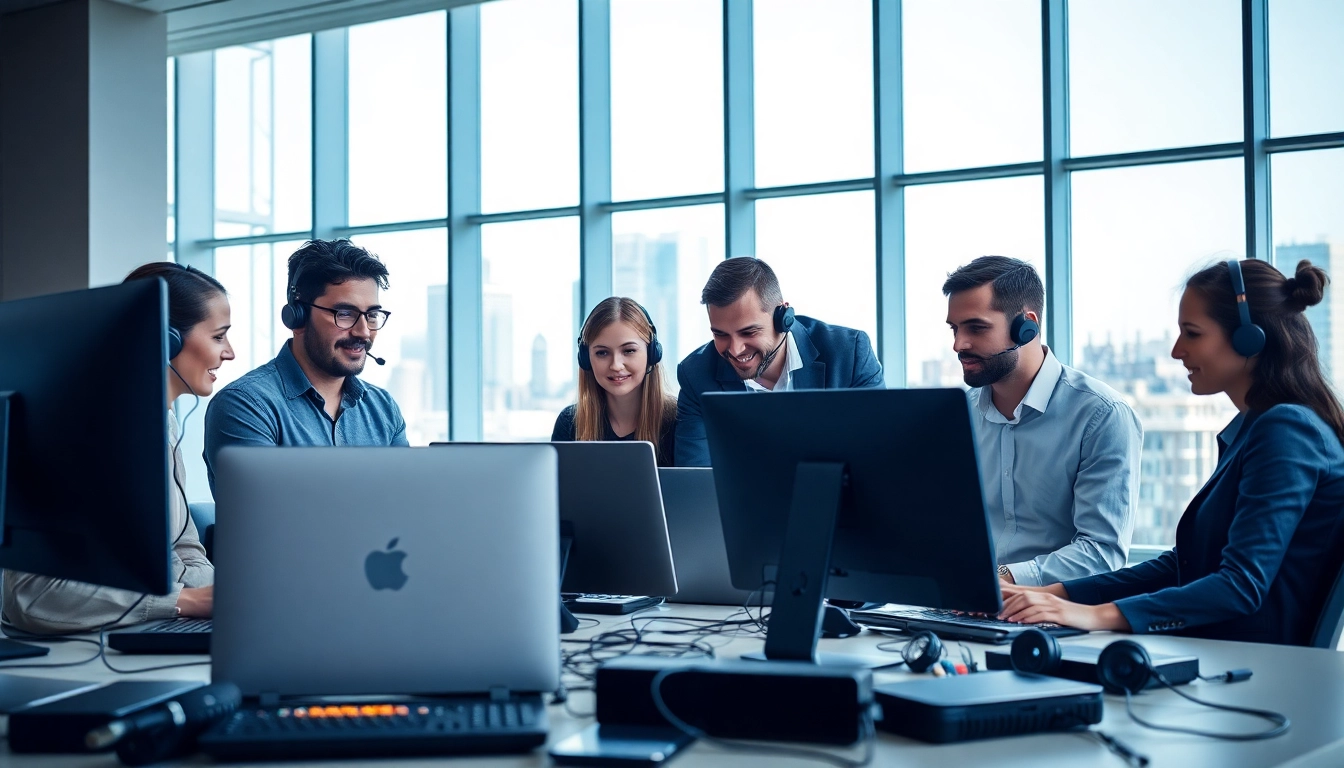 IT Support Spezialisten bei der Problemloesung in einem modernen Buero.