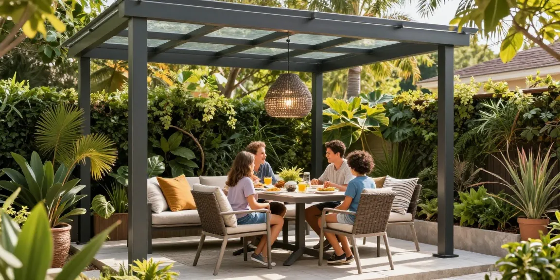 Moderne Terrassenüberdachungen in einem stilvollen Außenbereich mit Familie und Essbereich.