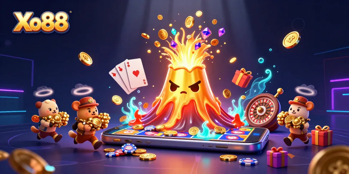 Xo88 showcases a thrilling casino scene with a colorful erupting volcano, glowing treasures, and vibrant gambling elements.