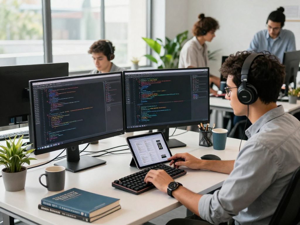 Software developer working at dual monitors in modern office environment, highlighting http://debet-app.com tech innovation.
