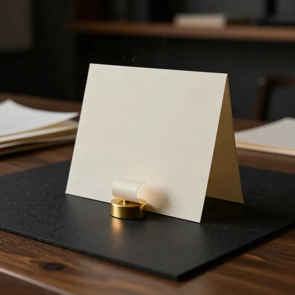 Drei schmale Karten im Messinghalter auf dunkler Fläche, im dramatischen Studio-Licht.