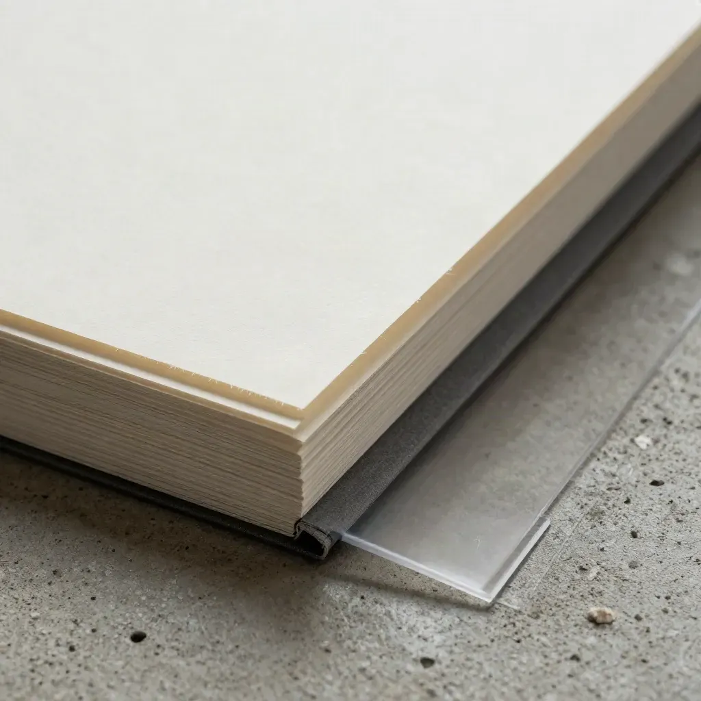 Makro eines Content-Audit-Pro-Bundles auf Beton mit gelösten Papierlagen und transparenter Hülle