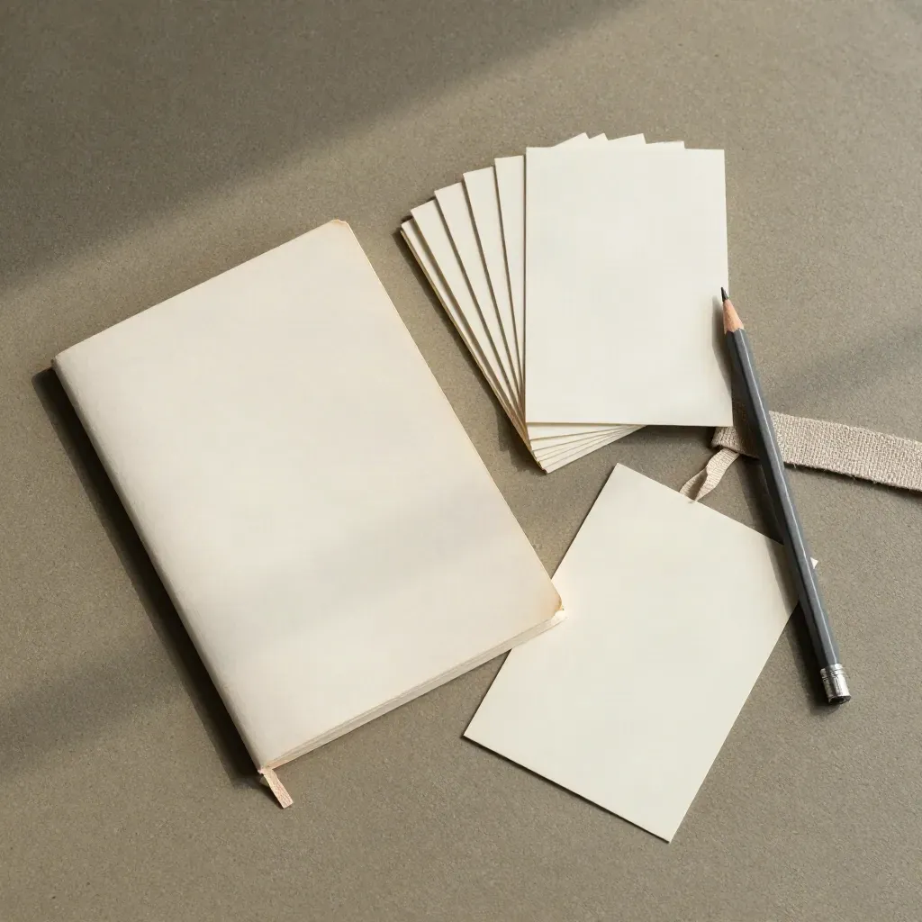 Flache Produktaufnahme eines Tonalitäts-Guide-Bundles mit Karten, Stift und Leinenband