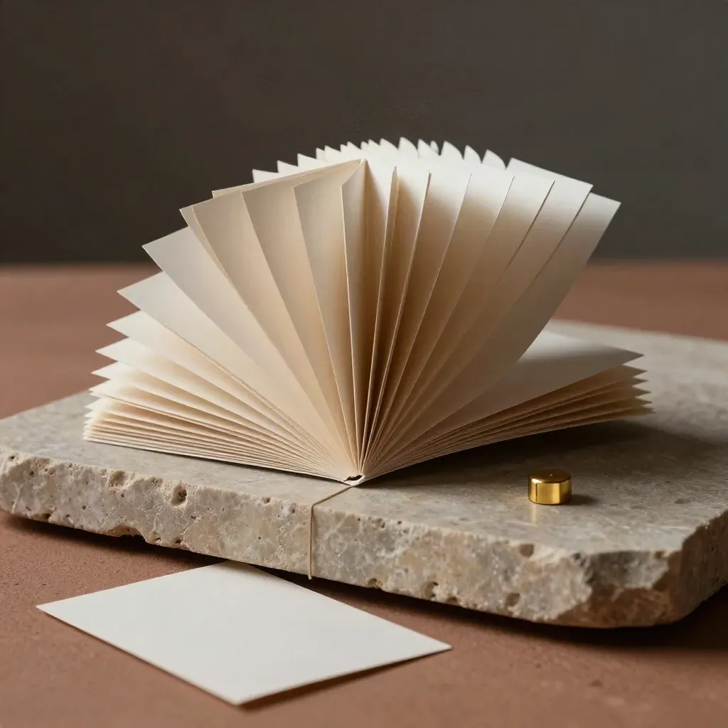 Papier-Workshop-Skulptur auf Kalkstein mit Goldgewicht im dramatischen Studiolicht.
