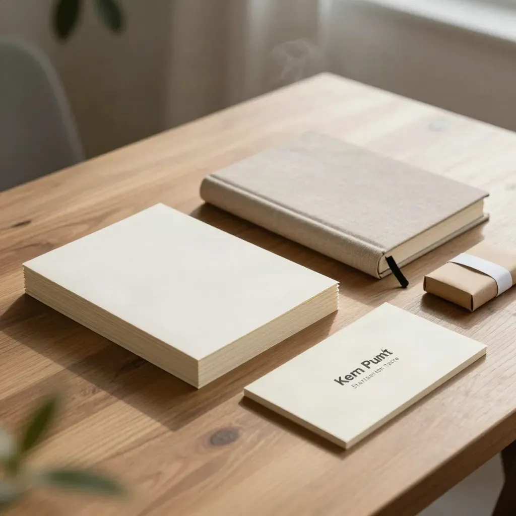 Startseiten-Texte Set mit Papiermustern, Notizbuch und Papierbändern auf hellem Tisch