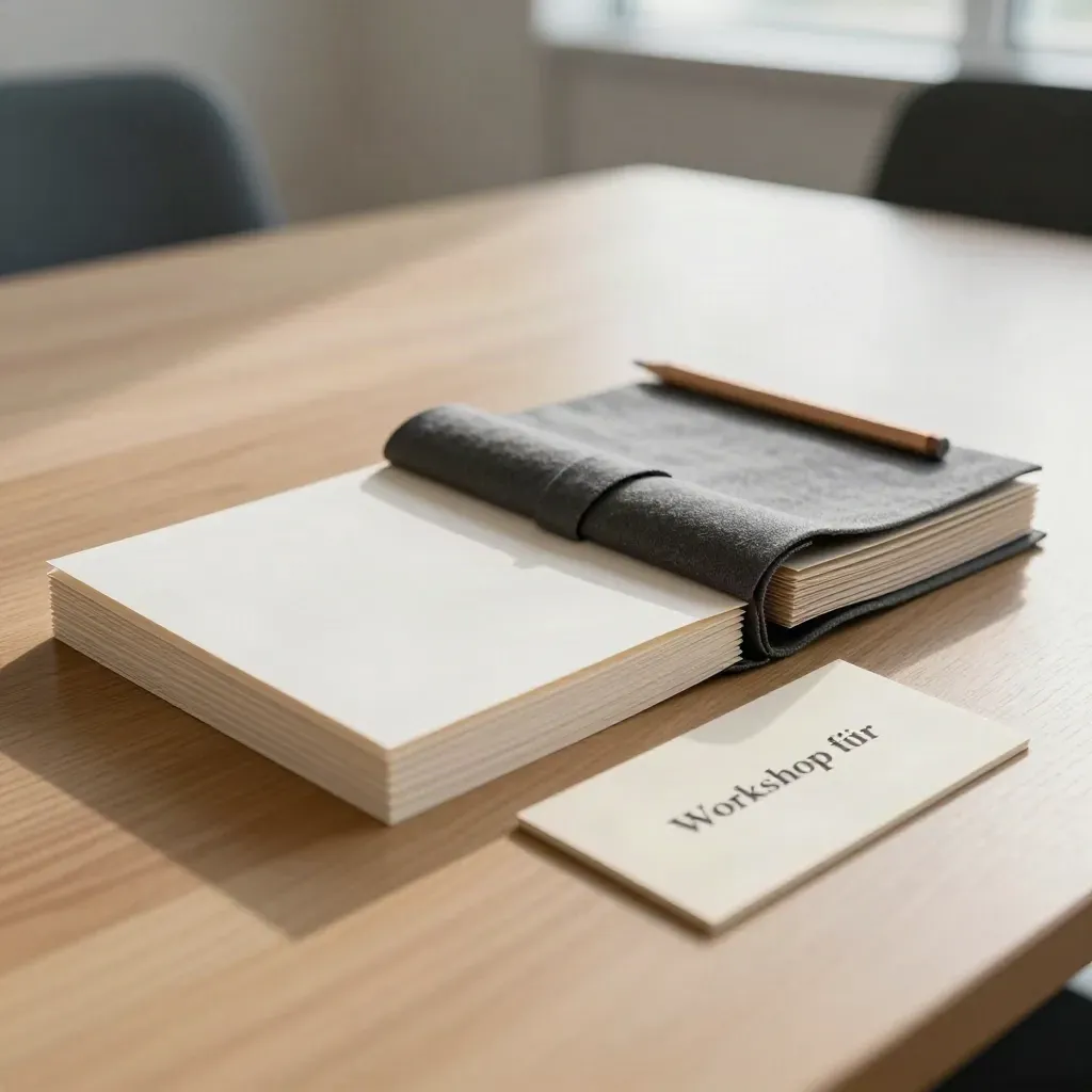 Workshop-Kit für Vereine mit Faltblättern, Stoffhülle, Bleistift und Karten auf hellem Holztisch