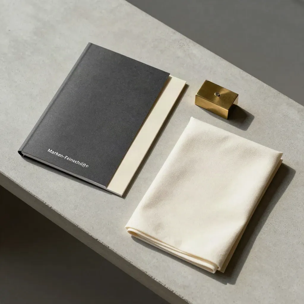 Flache Anordnung mit Heft, Papierstreifen, Papiergewicht und Tuch auf hellem Beton.