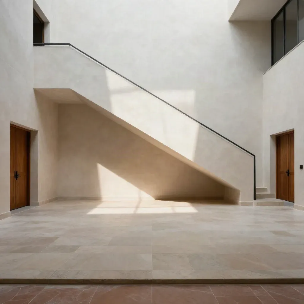Moderner Innenhof mit hellem Putz, Eichen­türen und Treppe, sonnig und ruhig.