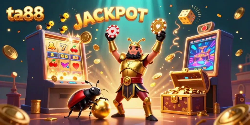 Experience the excitement of ta88 with a colorful 3D jackpot scene featuring cartoon beetles and lively casino elements.