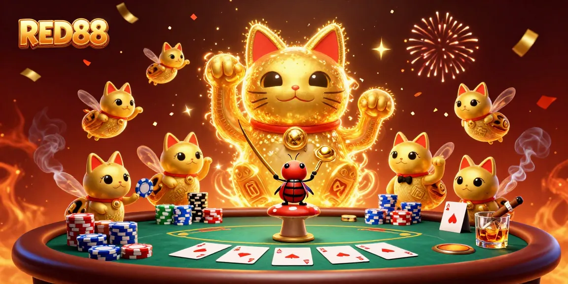 Engage with RED88's exciting casino experience featuring a vibrant lucky cat and poker elements.