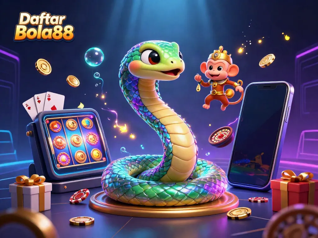 Experience the thrill of Daftar Bola88 with vibrant, animated casino elements in a magical digital landscape.