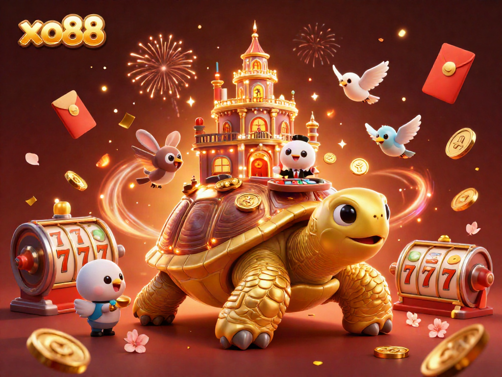 Experience the excitement of xo88 with a golden tortoise casino and dynamic elements celebrating wins in style.