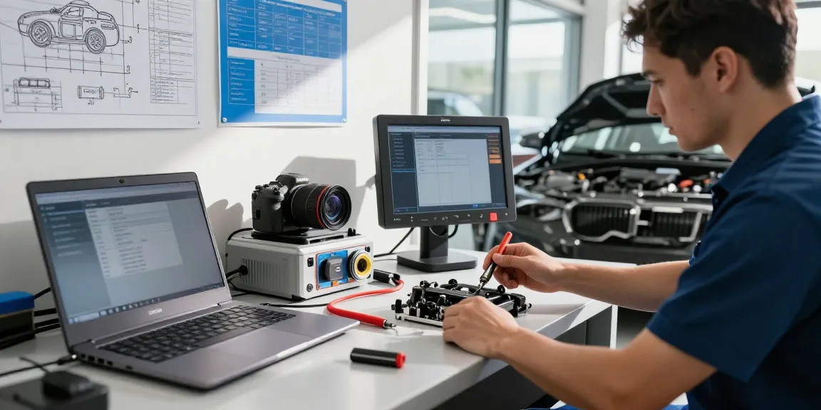 Fachtechniker, der ein BMW-Fahrzeug in einer professionellen BMW Werkstatt wartet.