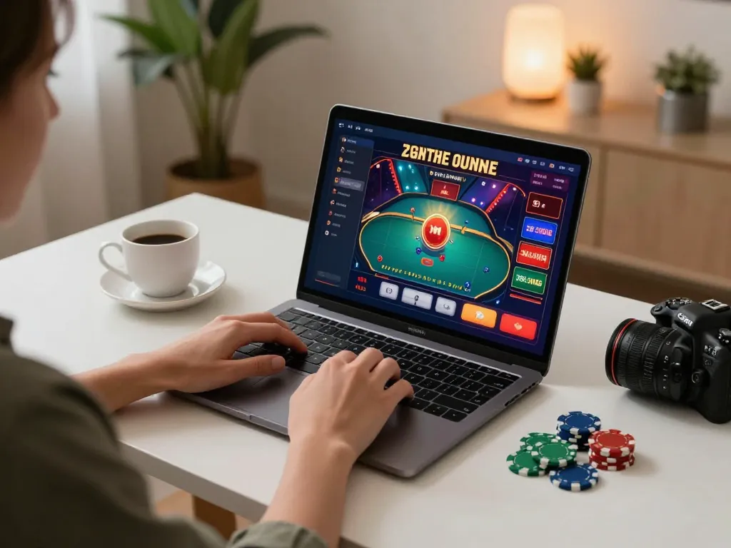 Engaging online gaming experience at trang chủ lc88 with a person using a laptop for casino games.