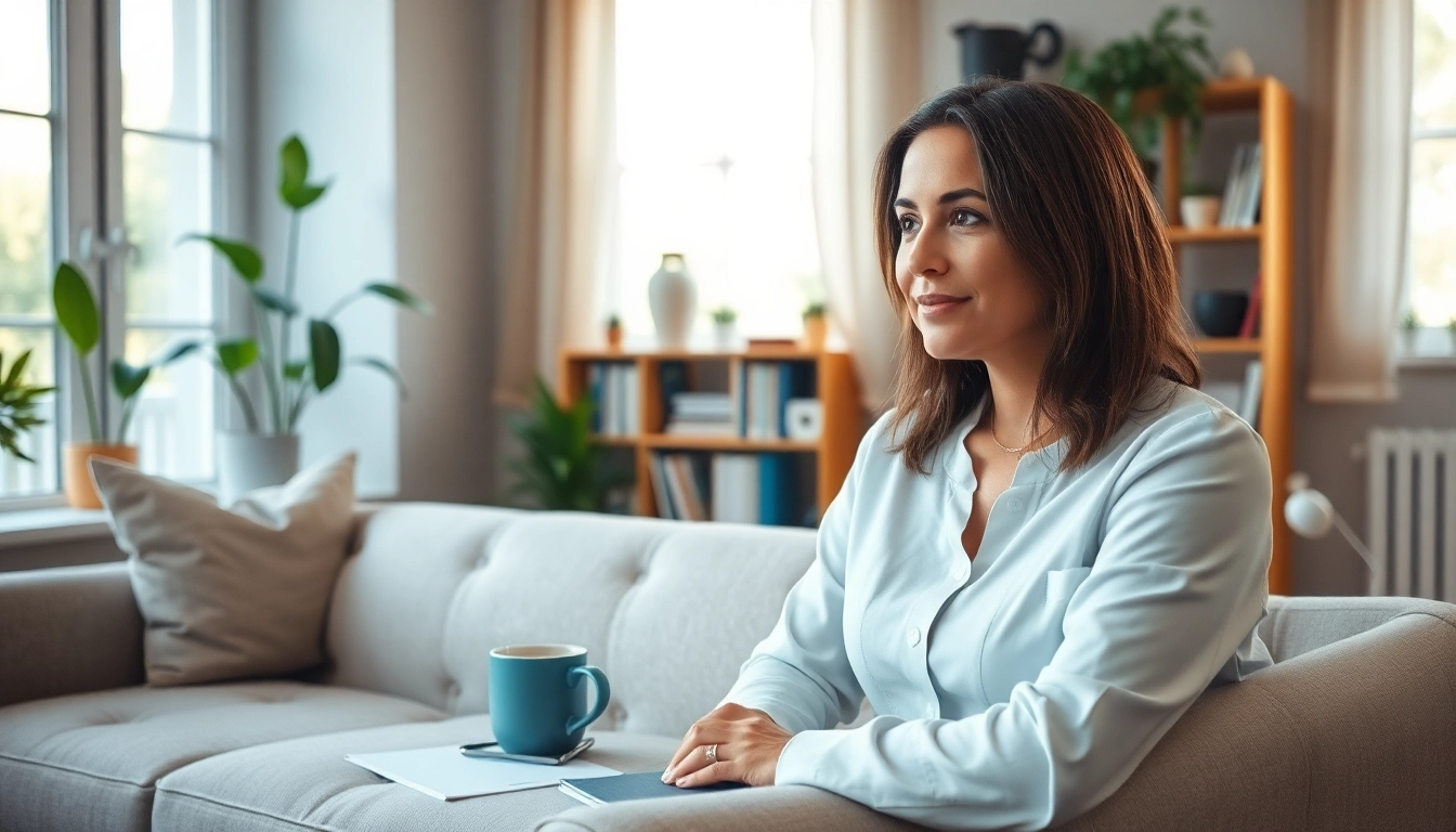 Mental health awareness therapy session in a calming office setting with warm light.