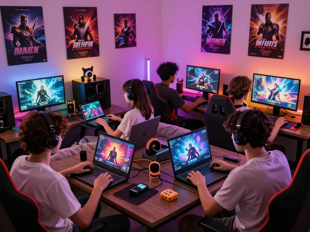 Players engaging in an online porn game across various devices in a lively gaming den.