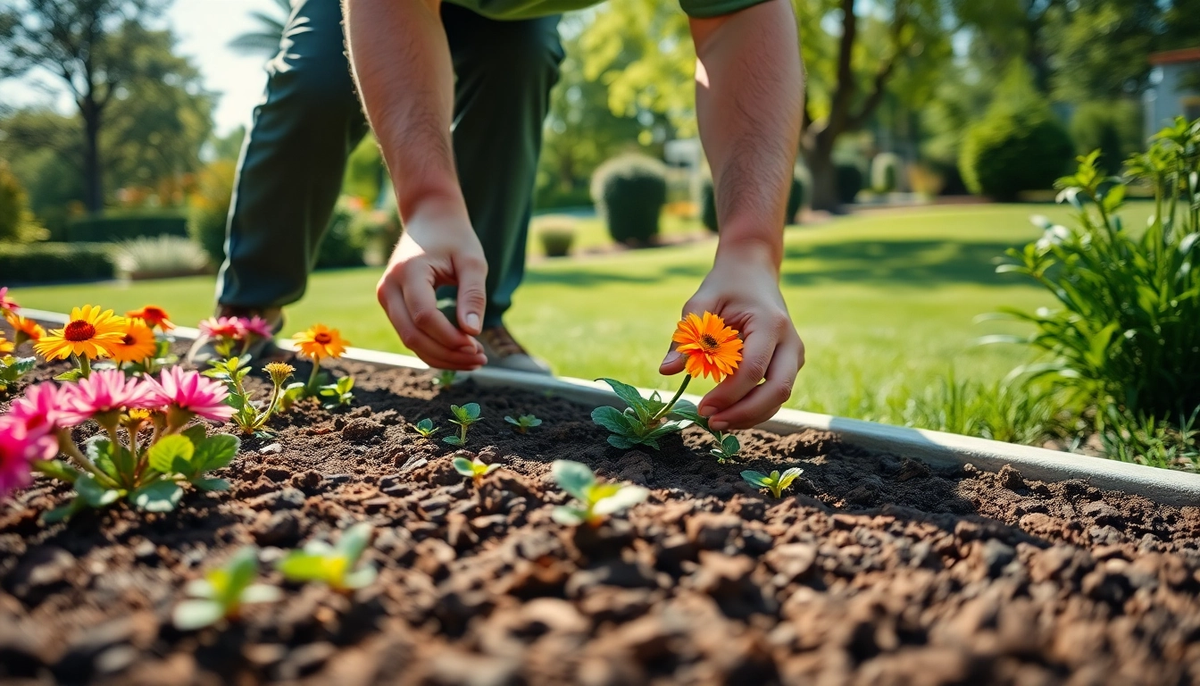 Galabauer preparing a flourishing garden with diverse flowers and plants.