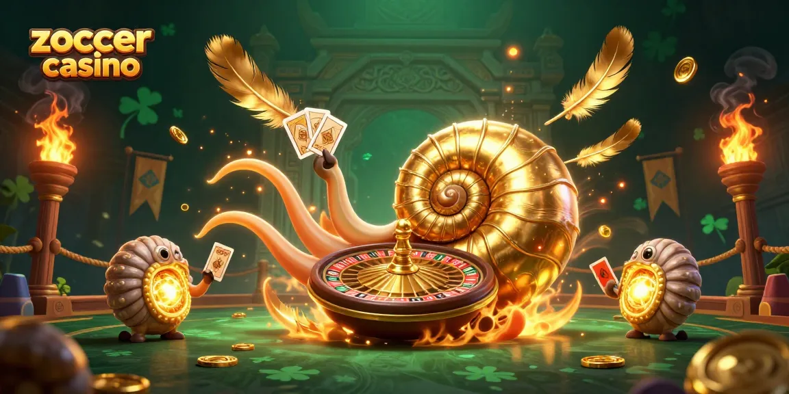 Experience vibrant action in the Zoccer Casino with a unique nautilus roulette wheel and glowing companions.