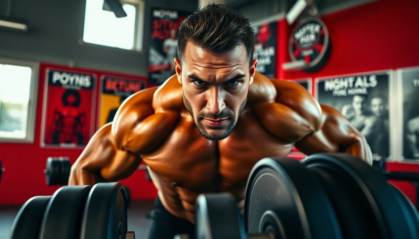 Proviron kaufen: Ein Bodybuilder im Fitnessstudio zeigt seine Kraft und Entschlossenheit.