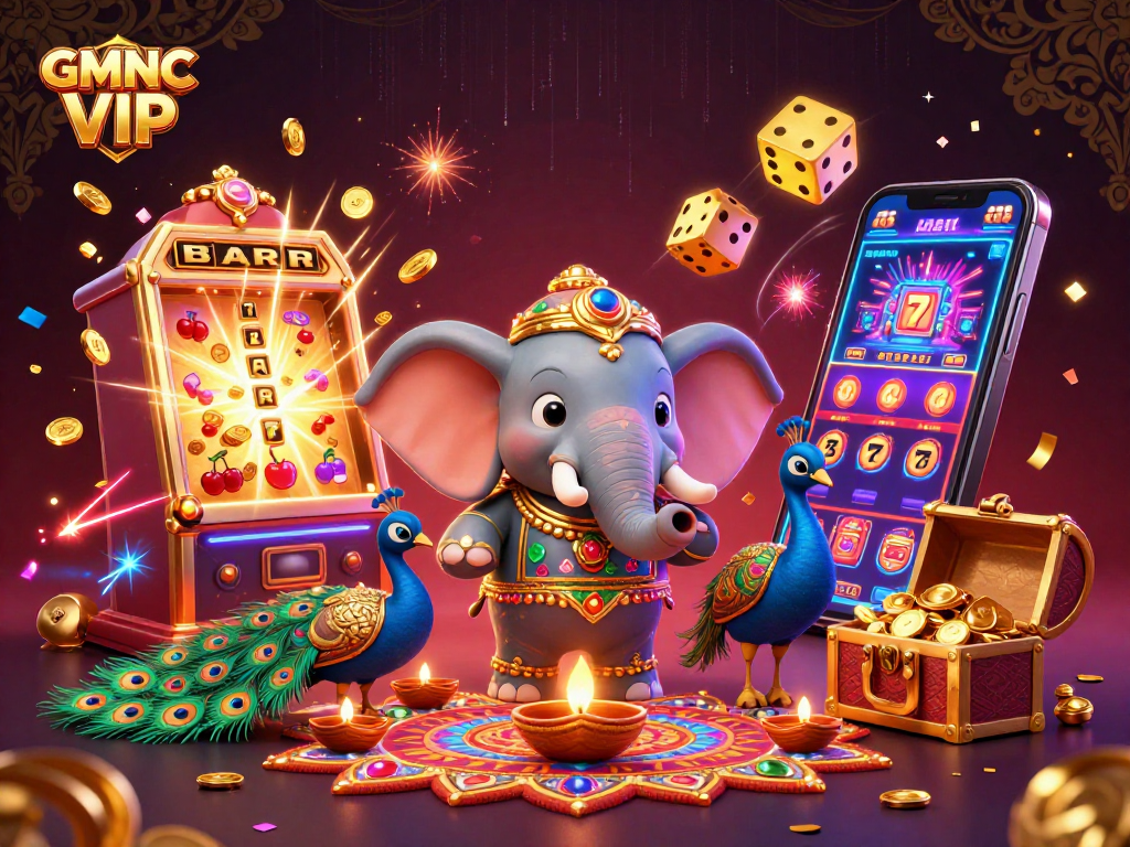Experience excitement with GMNC VIP in a vibrant 3D casino-themed scene full of jackpots and treasures.