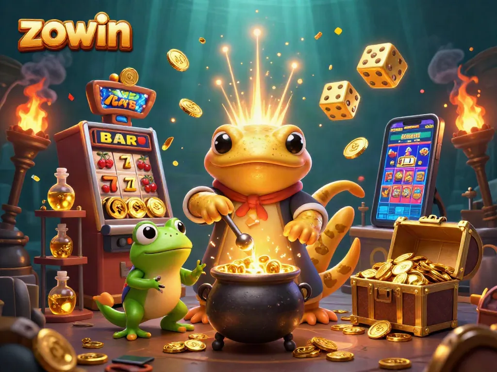 Zowin casino scene with a golden salamander and frog alchemist celebrating a jackpot explosion with gold coins.