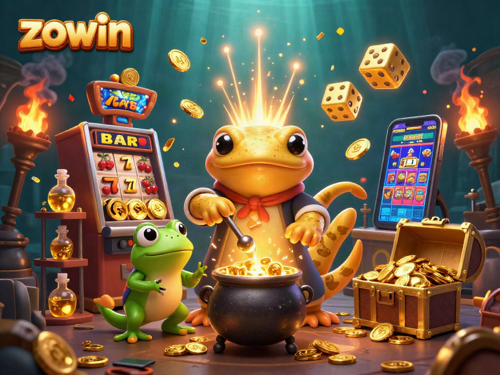 Zowin casino scene with a golden salamander and frog alchemist celebrating a jackpot explosion with gold coins.