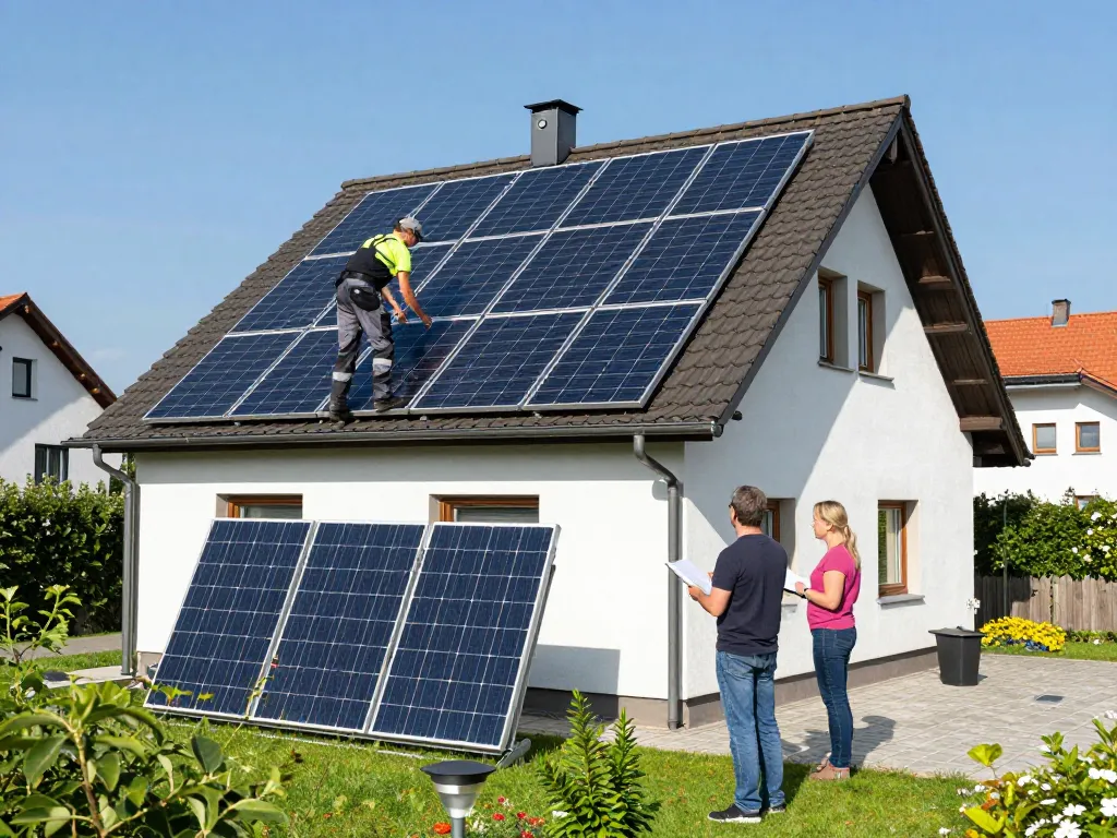 Photovoltaik Bayern Solarpanel-Installation an einem Vorstadtwohnhaus in Bayern.