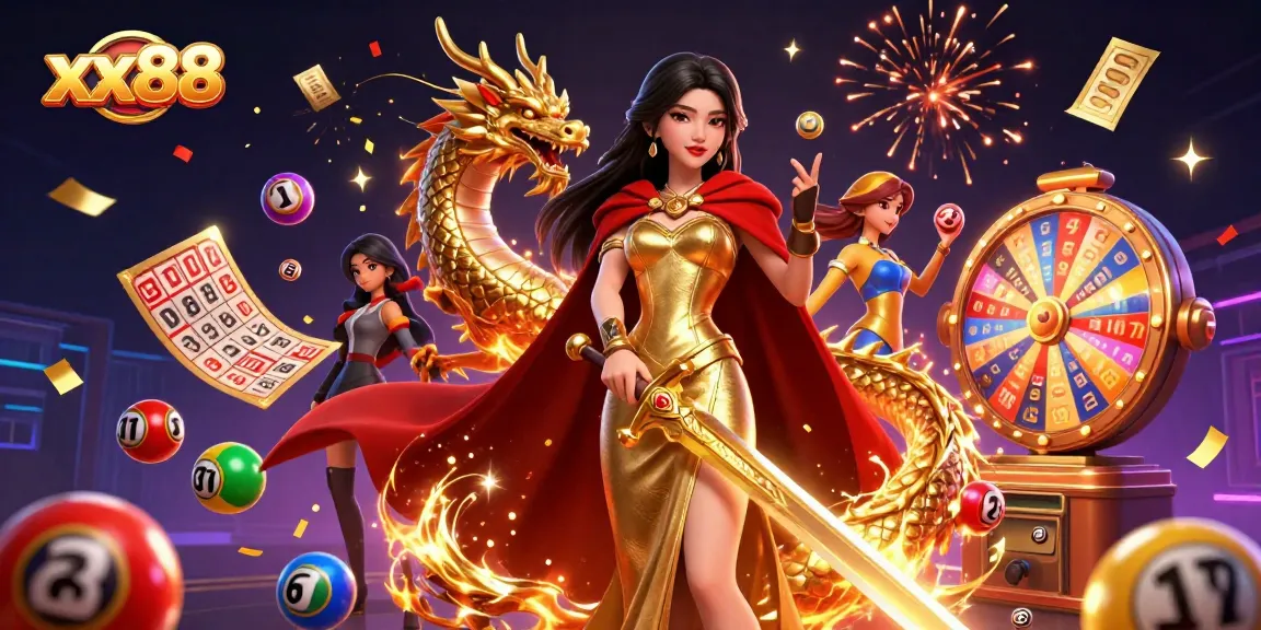 Win big at xx88 with an empowered warrior and vibrant casino elements surrounding her.