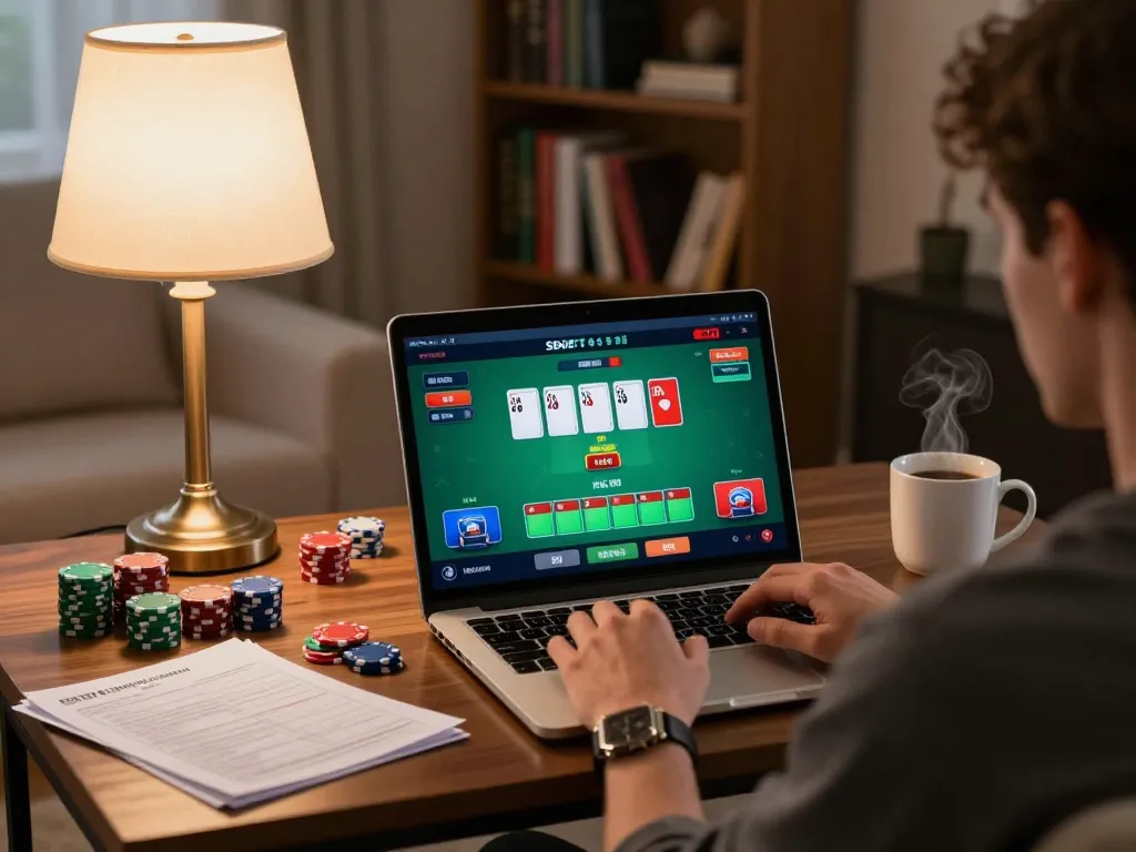 Pengguna SBOBET terlibat dalam perjudian online di laptop di ruang tamu yang nyaman dengan catatan strategi dan chip.