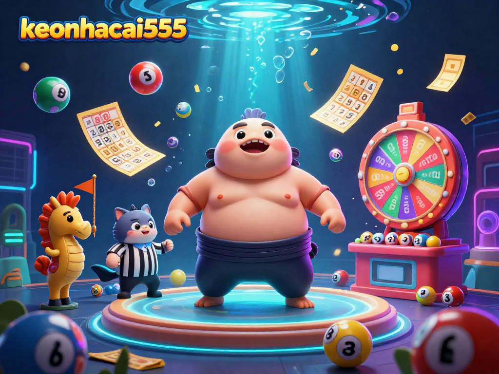 Engage in exciting gameplay with keonhacai555 featuring a sumo fugu in a vibrant underwater lottery scene.